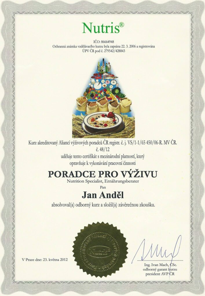 Certifikace výživového poradce Jana Anděla k jídelníčku na odkyselení organismu